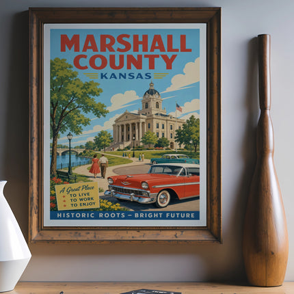 Marshall County Kansas poster with courthouse, couple, and classic car.