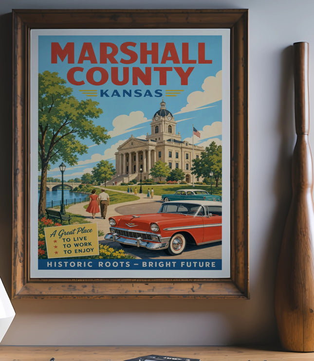 Marshall County Kansas poster with courthouse, couple, and classic car.