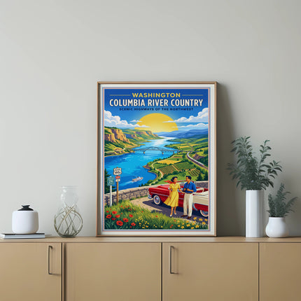 Washington Columbia River Country scenic highways vintage travel poster with couple and car.