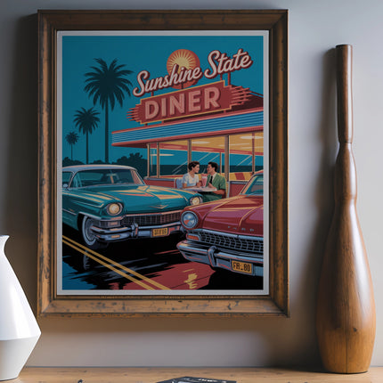 Retro diner scene with classic cars and text "Sunshine State Diner".