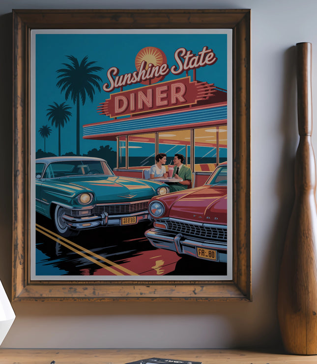 Retro diner scene with classic cars and text "Sunshine State Diner".