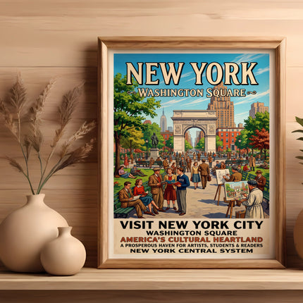 New York City vintage poster featuring Washington Square Park.