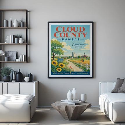 Vintage travel poster for Cloud County, Kansas, featuring sunflowers and Concordia.