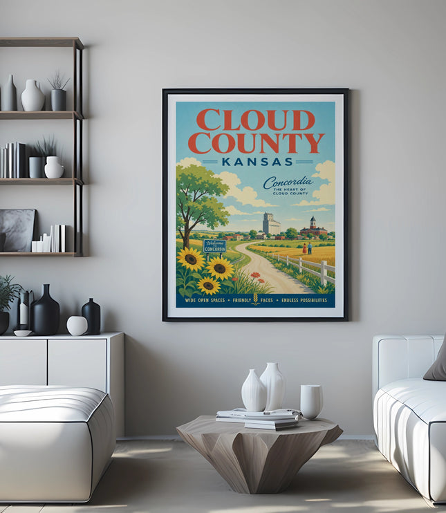 Vintage travel poster for Cloud County, Kansas, featuring sunflowers and Concordia.