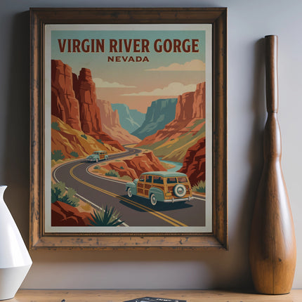 Vintage poster of Virgin River Gorge, Nevada, with cars on a winding road.