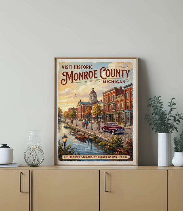 Monroe County Michigan waterfront downtown vintage travel poster with buildings, car, boats, and people.