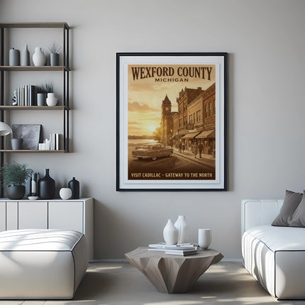 Wexford County, Michigan poster with vintage street scene and text "Visit Cadillac - Gateway to the North".