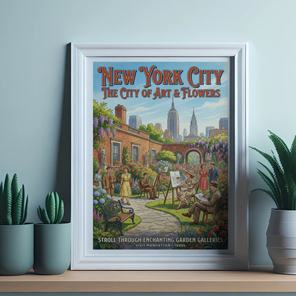 New York City art and flowers poster with people in a garden, 1940s.