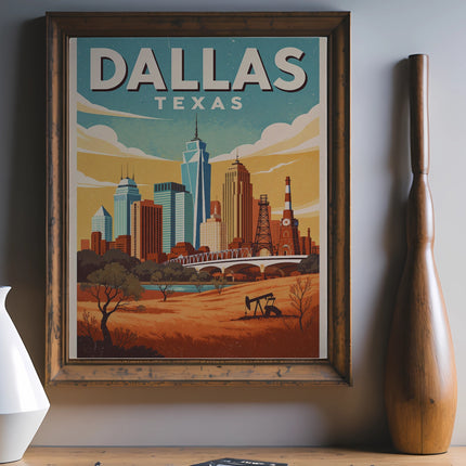Dallas, Texas skyline illustration in a framed print.