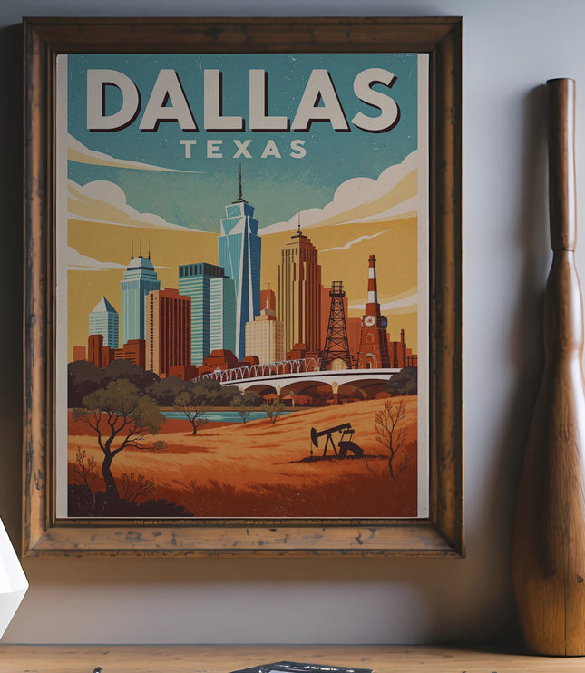 Dallas, Texas skyline illustration in a framed print.