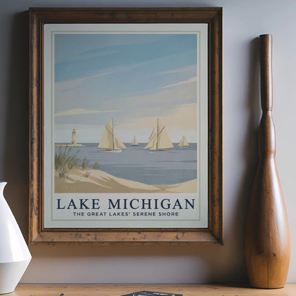 Vintage poster of Lake Michigan with sailboats and a lighthouse.