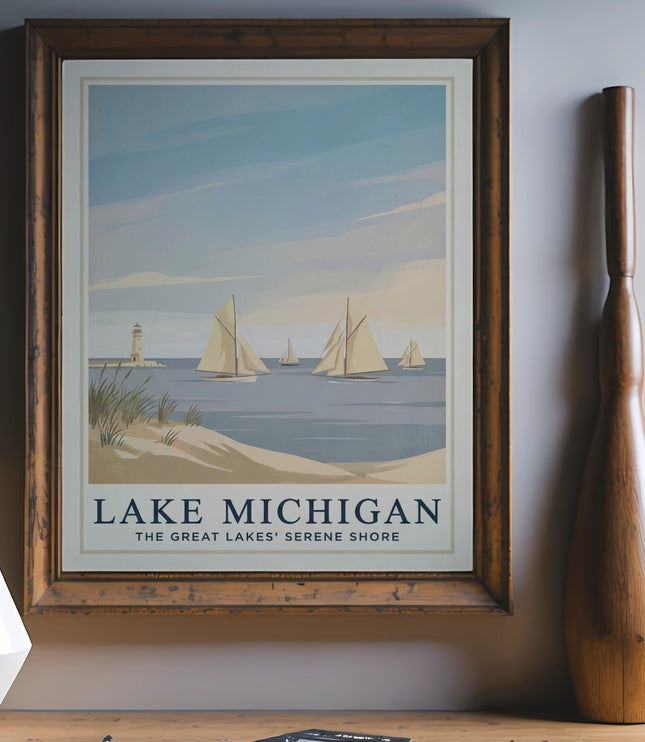 Vintage poster of Lake Michigan with sailboats and a lighthouse.