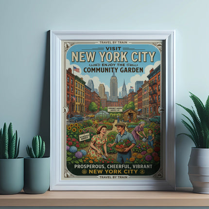 Poster for New York City Community Garden with people, plants, and buildings.