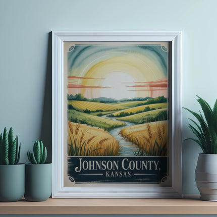 Vintage travel poster of Kansas countryside with sun, river, and wheat fields.
