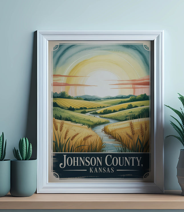 Vintage travel poster of Kansas countryside with sun, river, and wheat fields.