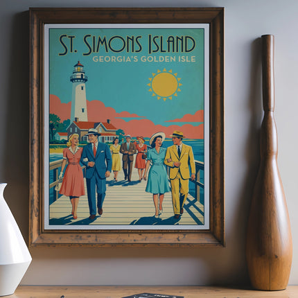 Retro St. Simons Island poster featuring a lighthouse and happy couple on a pier.