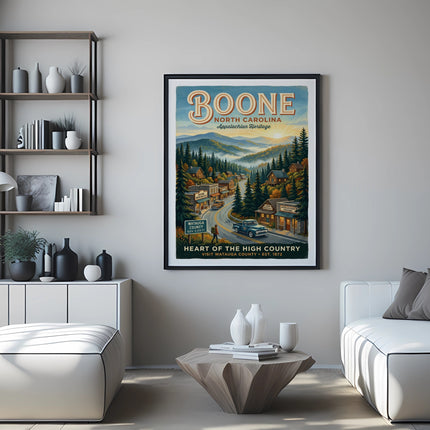 Boone North Carolina Appalachian Heritage poster with mountain village and car.