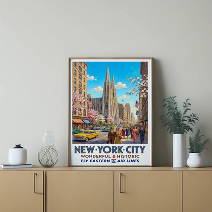 New York City illustration with Eastern Air Lines branding and text.