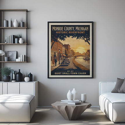 Monroe County, Michigan Historic Riverfront poster with a classic car and sunset.