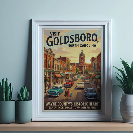 Vintage Gainsboro, North Carolina poster showing downtown with cars and people.