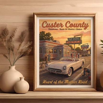 Vintage Custer County Route 66 poster with restaurant, motel, and classic car.