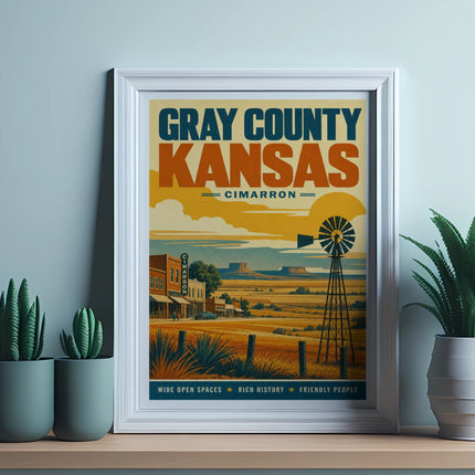 Gray County Kansas poster featuring a vintage windmill and landscape.