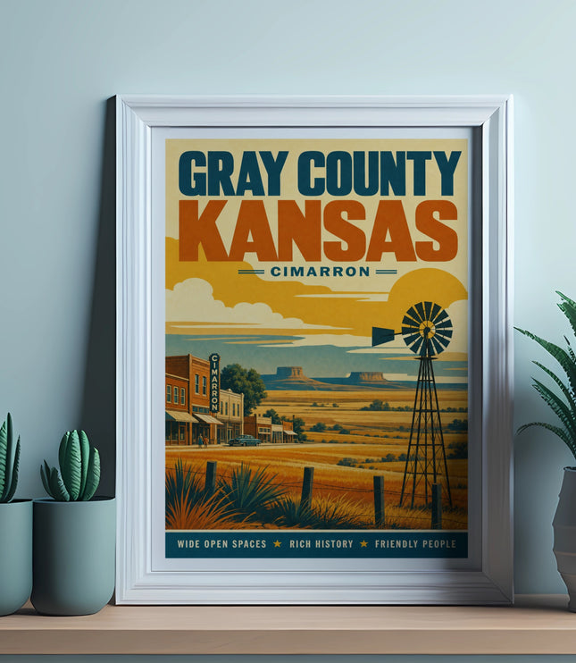 Gray County Kansas poster featuring a vintage windmill and landscape.