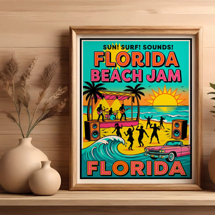 Florida Beach Jam music festival poster with band, waves, and sunset.