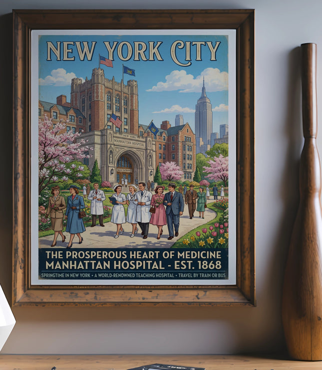 Vintage New York City travel poster for Manhattan Hospital, est. 1868.