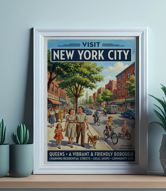 Visit New York City poster featuring Queens with family walking, biking, and shops.