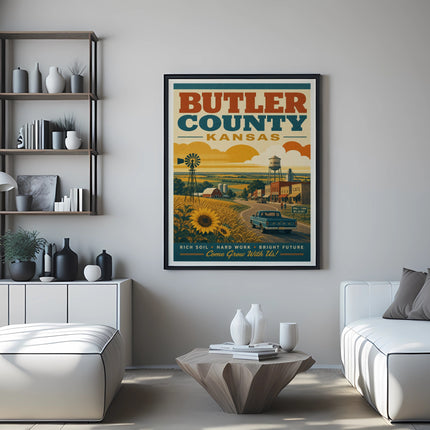 Butler County Kansas poster with farm scene and town buildings.