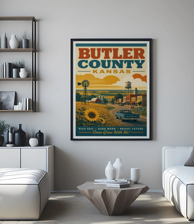 Butler County Kansas poster with farm scene and town buildings.
