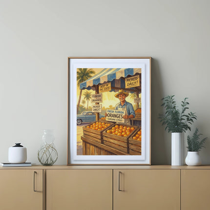 Framed print of a Florida oranges stand with text "Fresh Florida Oranges."
