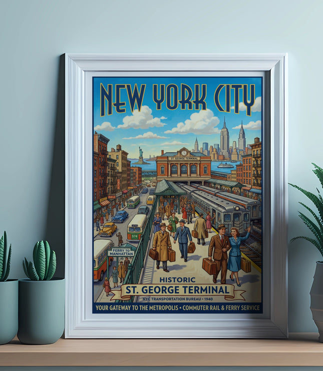 New York City St. George Terminal vintage transportation poster showing skyline and people.
