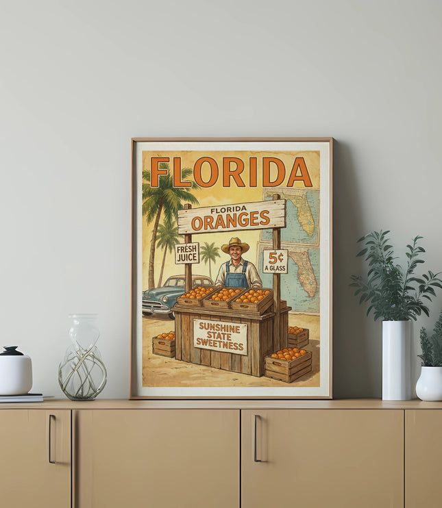 Vintage Florida oranges stand featuring a farmer, fruit, and map.
