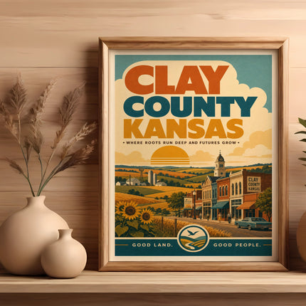 Clay County Kansas vintage travel poster with buildings and farmland.