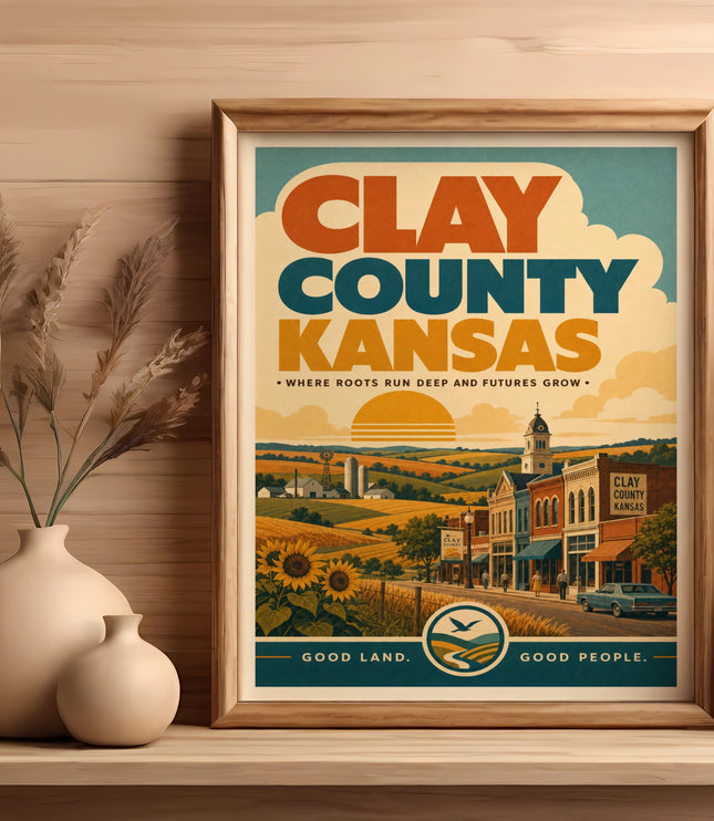 Clay County Kansas vintage travel poster with buildings and farmland.