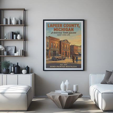 Lapeer County Michigan heritage town square poster with vintage buildings and truck.