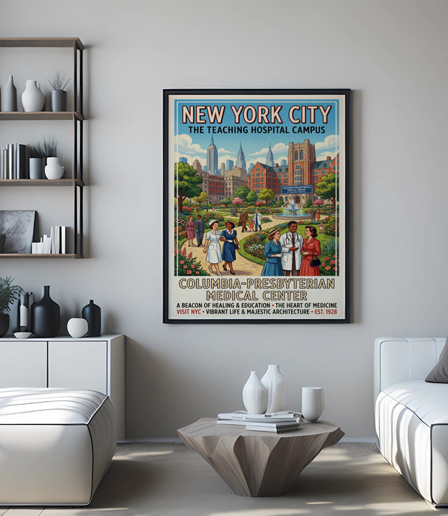New York City Teaching Hospital Campus vintage travel poster with Columbia-Presbyterian Medical Center.