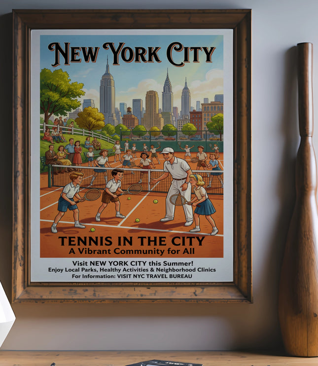 New York City vintage travel poster featuring tennis match and skyline.