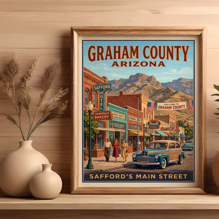 Framed poster of Graham County, Arizona, with Safford's main street and vintage cars.