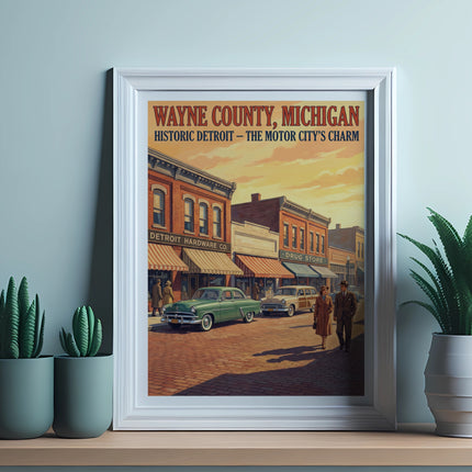 Wayne County, Michigan Historic Detroit poster featuring vintage cars and storefronts.