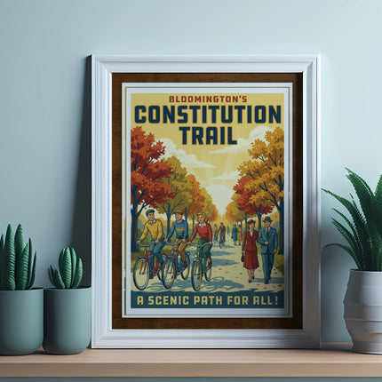 Framed vintage poster of Bloomington Constitution Trail with cyclists and walkers.