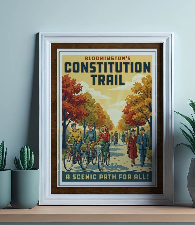 Framed vintage poster of Bloomington Constitution Trail with cyclists and walkers.