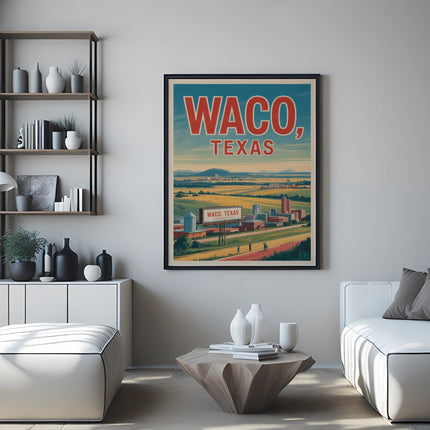 Vintage "Waco, Texas" poster on wall above white couch with modern coffee table.