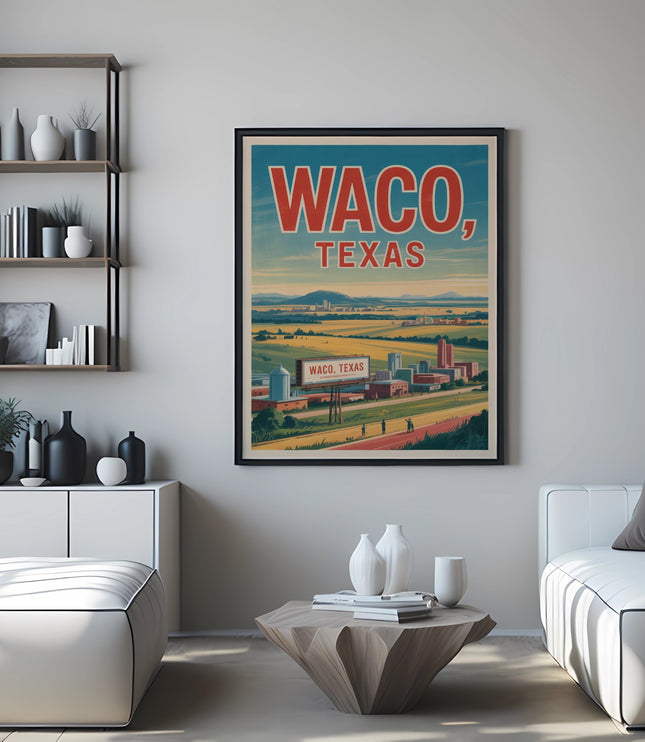 Vintage "Waco, Texas" poster on wall above white couch with modern coffee table.
