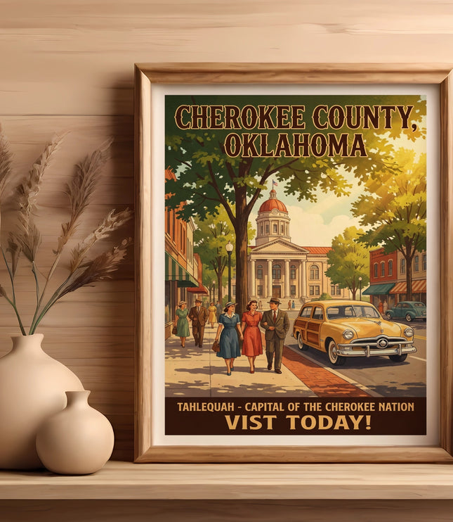 Retro poster of Cherokee County, Oklahoma courthouse with vintage cars and people.