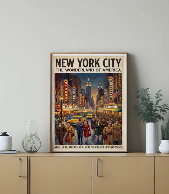 "New York City, The Wonderland of America" vintage poster with theater district scene.