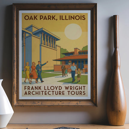 Oak Park, Illinois Frank Lloyd Wright Architecture Tours poster with people and buildings.