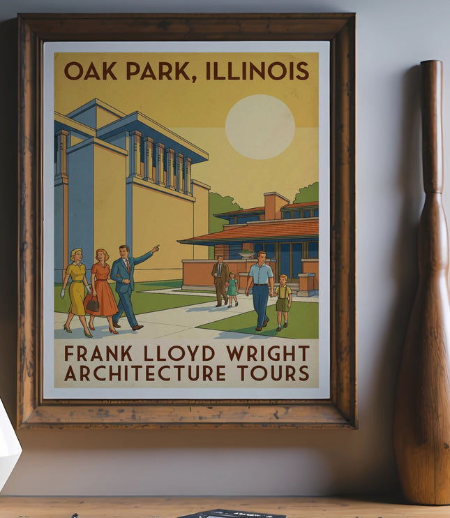 Oak Park, Illinois Frank Lloyd Wright Architecture Tours poster with people and buildings.